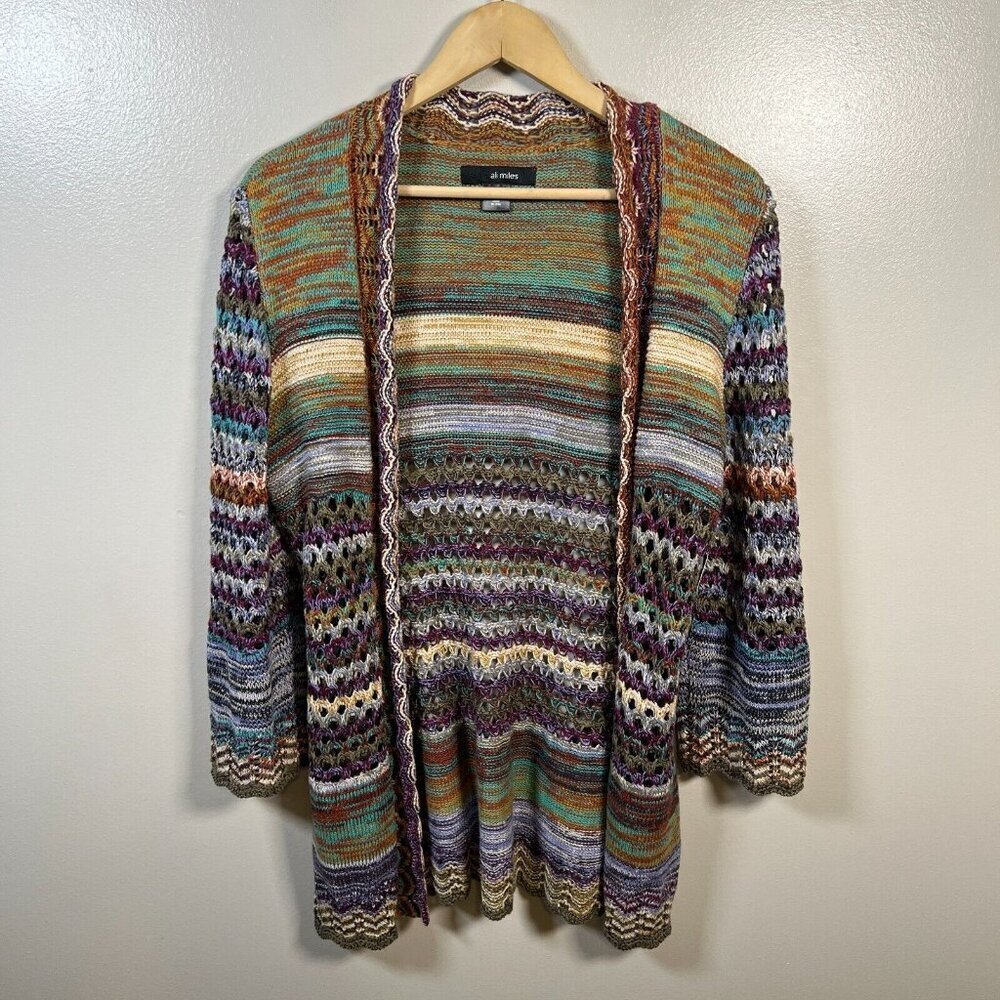 Ali Miles Crochet Cardigan Sweater Size Small Open Front Colorful Art to Wear